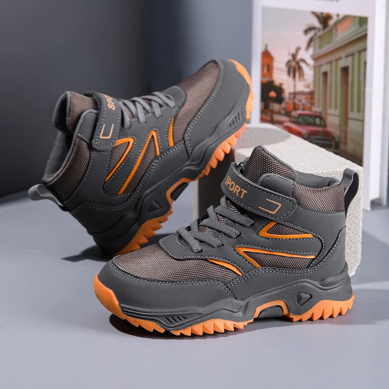 New Boys' Sports Shoes Non-slip School Children's Leather Breathable Running Black Fashion Hiking Shoes Sneaker Size 29-40.