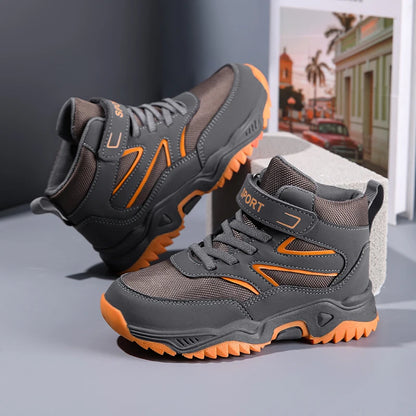 New Boys' Sports Shoes Non-slip School Children's Leather Breathable Running Black Fashion Hiking Shoes Sneaker Size 29-40.