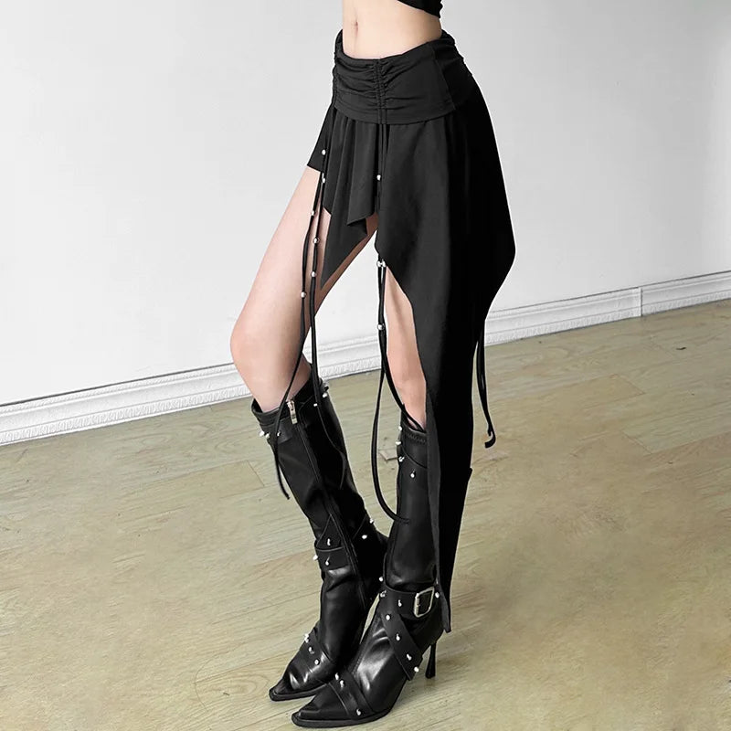 Goth Dark Mall Gothic Dropped Waist Drawstring Mini Skirt Punk Grunge Women Irregular Hem A-line Skirts Chic E-girl Techwear Y2K.