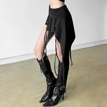 Goth Dark Mall Gothic Dropped Waist Drawstring Mini Skirt Punk Grunge Women Irregular Hem A-line Skirts Chic E-girl Techwear Y2K.