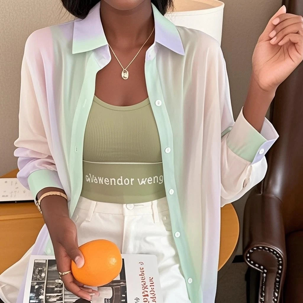 See-through Irregular Gradient Rainbow Long Sleeved Shirt And Blouses Thin For Women Clothes Loose Top Pink Casual Fashion Trend.