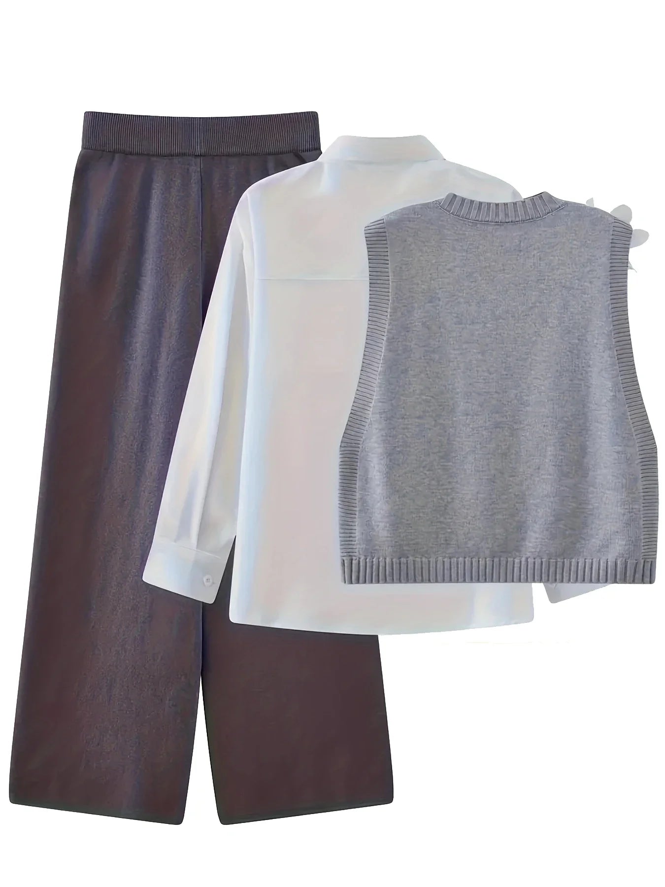 Herbst Winter Elegante Strickwaren 3-teiliges Damen-Pullover-Set Schicke weiße graue schwarze Strickjacke mit Schleifendetail Lässige gestrickte Hose mit weitem Bein