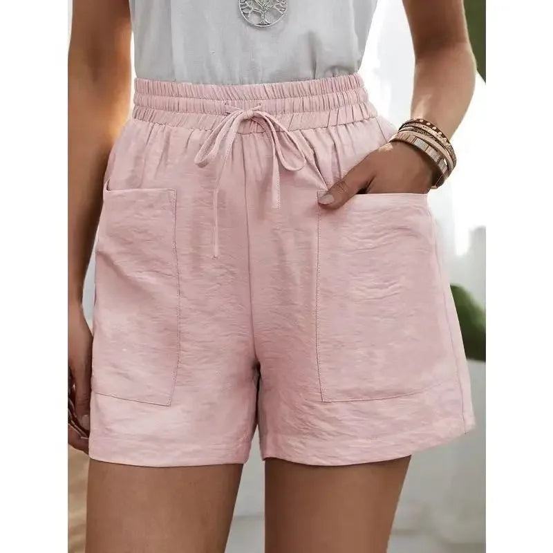 Women's High-waisted Loose-fit Solid Color Casual Shorts Pocket Bell Bottoms.