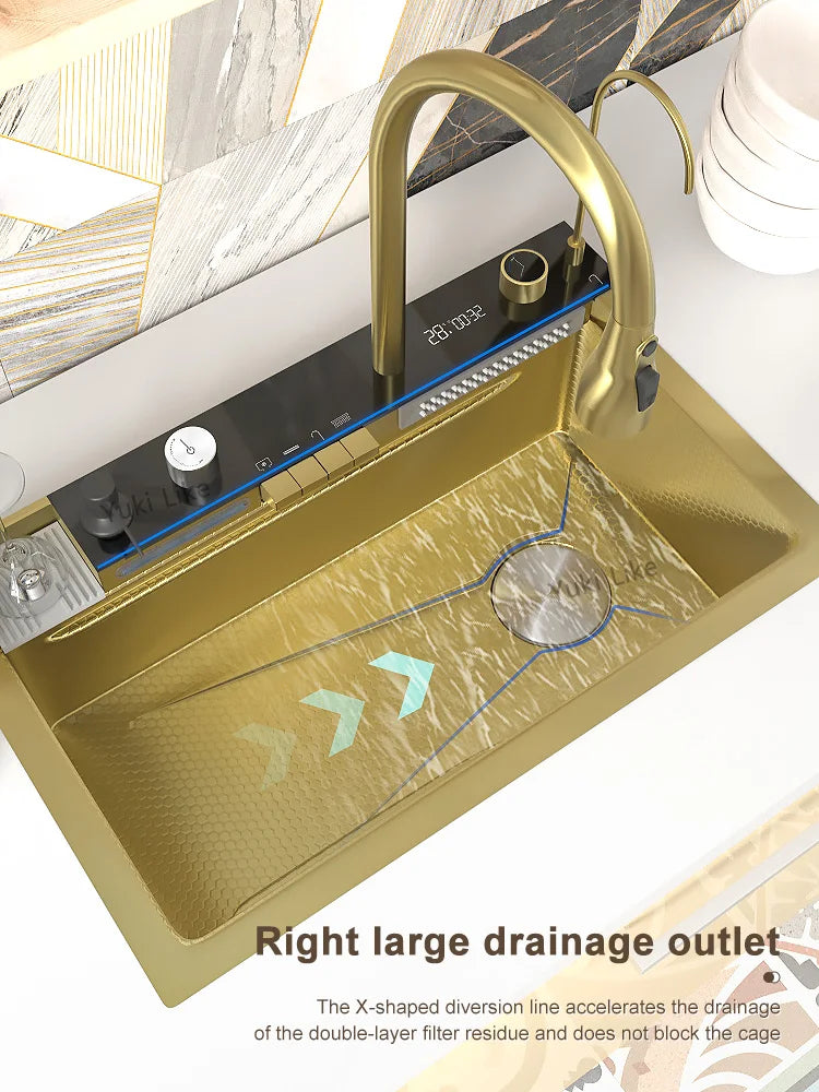 Stainless Steel Silver Kitchen Sink Multifunction Waterfalls Intelligent Digital Display Faucet Household Large Single Slot