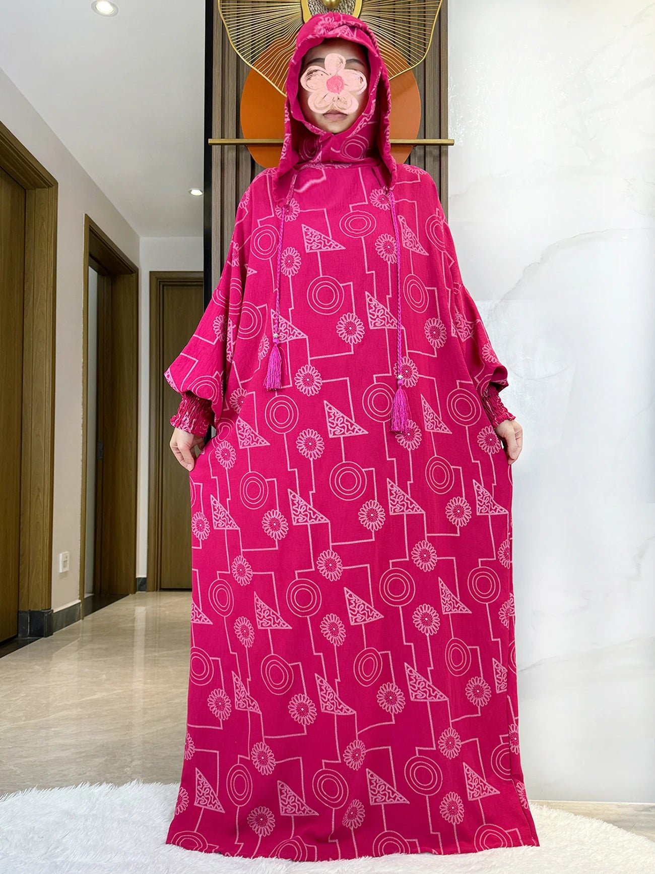 Promotion New Double Hat Women Abaya With Hooded Irregular Pattern Long Abaya Tassel Muslim Saudi Prayer Kaftan Oriental Robes