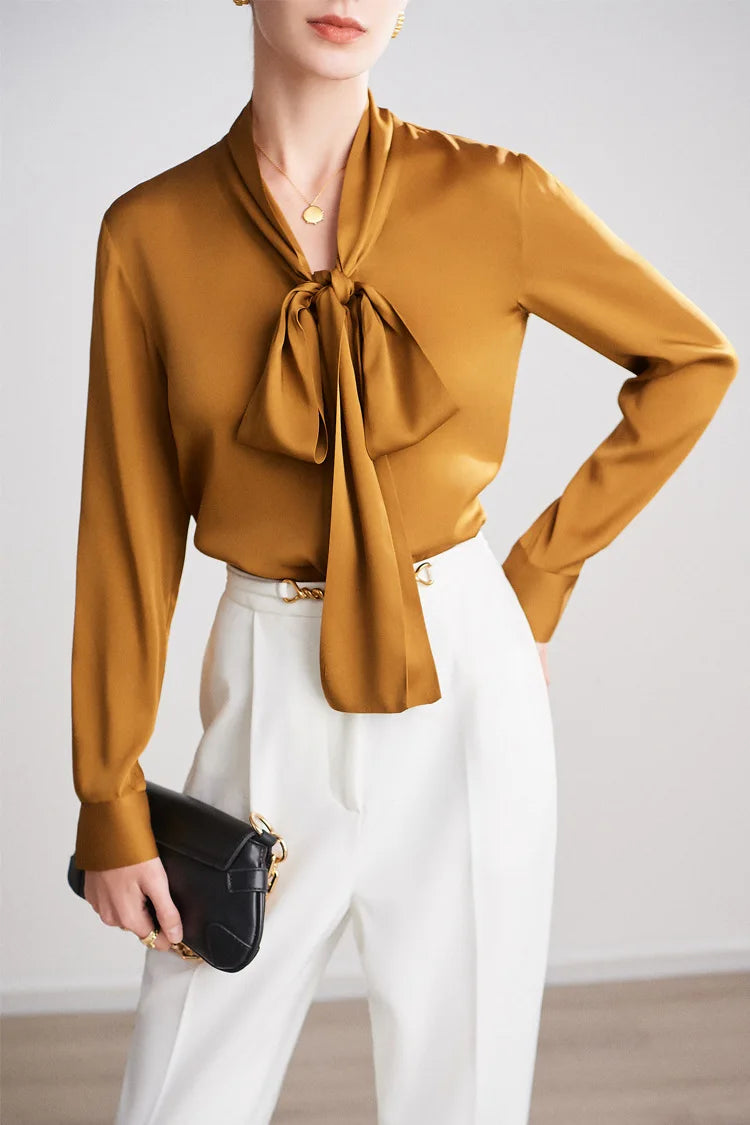 Silk Shirt Women's Thick Temperament Streamer 2025 Spring and Summer New Mulberry Silk Lace-up Design Shirt Long-sleeved Top