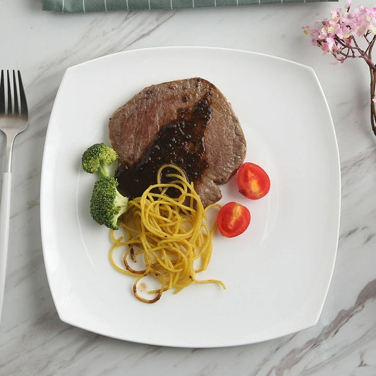 10.5 inch, bone china square dish, white ceramic plate for steak / soup, buffet serving trays, novalty dinner plate, rectangle.