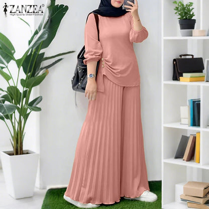 ZANZEA Muslim Women 2 Pieces Pant Sets Hijabis Casual Asymmetric Hem Long Sleeve Blouses & Pleated Pants 2pcs Suits Outfits.