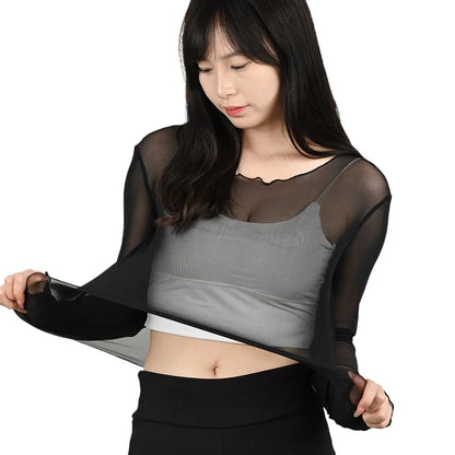 Summer Women Sunscreen T-shirt Girls Sexy Black Mesh Long-sleeved Tops Famale Ice Silk Transparent Sheer Bottom Blouses Shirts.