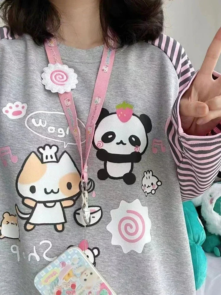 Japan Kawaii Sweet Women T-Shirt O-Neck Stripe Patchwork Long Sleeve Cartoon Print Loose Pullover Casual Cute Top Youth Vitality.