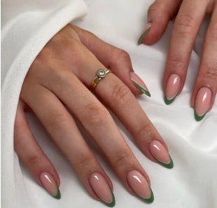 24Pcs/set Almond Press-On French Nail Tips Green Cat Eye False Nails Simple&Elegant Wearable Nail Art for Women&Girls Daily Wear