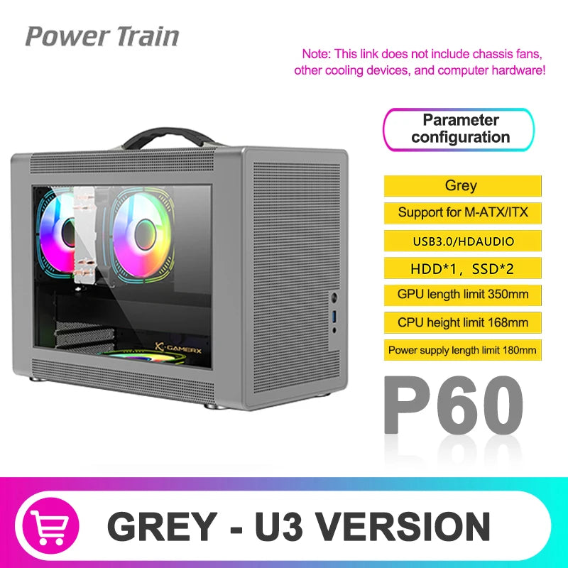 Power Train P60 Desktop MATX Case Handheld Portable Mesh Version PC Small Chassis Supports 350mm Graphics Card Type-C Interface