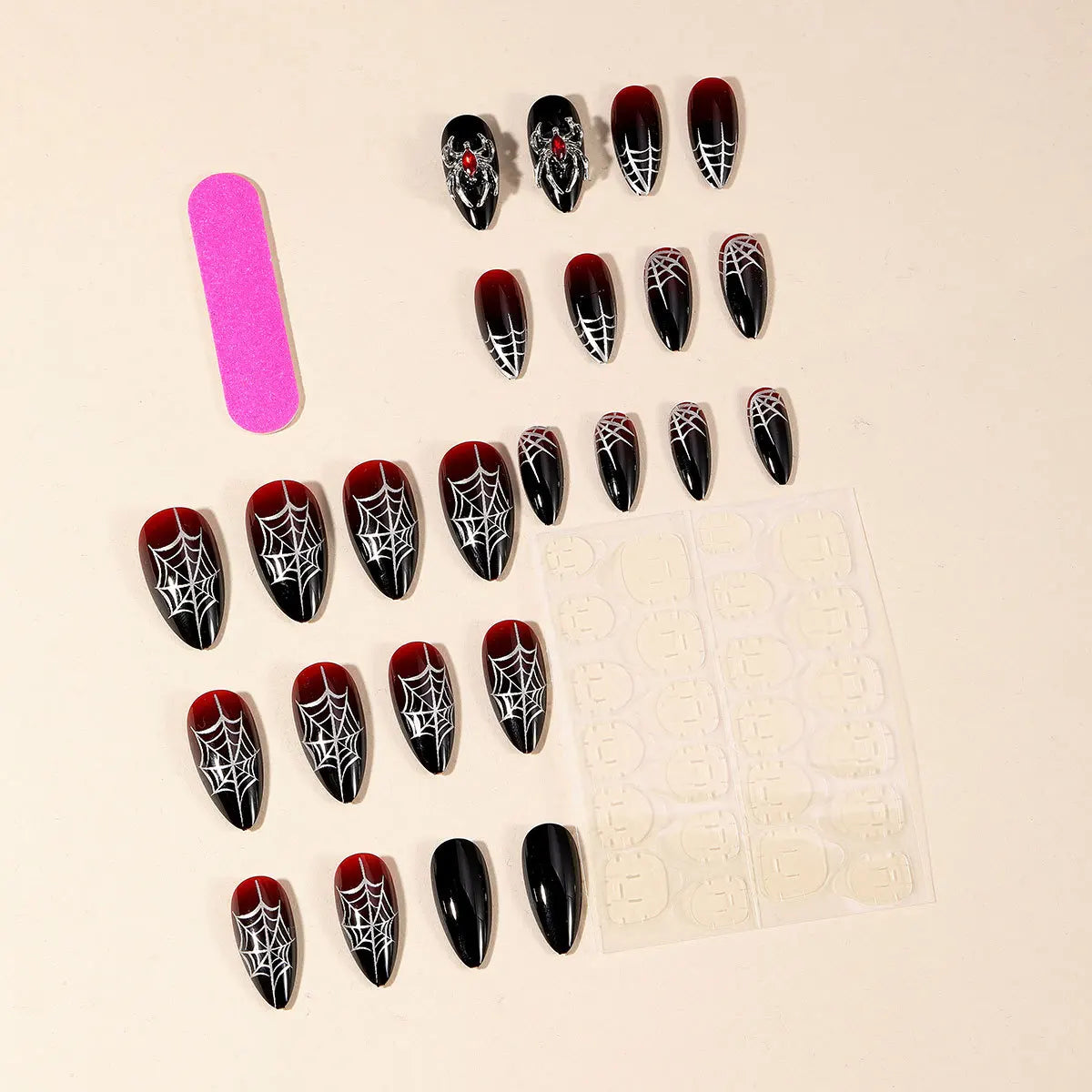 24pcs Sliver Spider Design Fake Nail Halloween Gothic Punk False Nail Tips Wearable European Heavy Metal Almond Press on Nails.