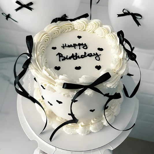 Tortenaufsatz mit Schleife und Schleife „Happy Birthday“-Schild, Kokette-Motto-Party, schwarzer Vintage-Kuchenaufsatz für Herzkuchen, Vintage-Kuchen.