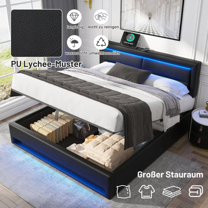 160x200cm Gepolstertes Doppelbett mit LED und USB, mit Lattenrost und Stauraum, PU-Funktionsbett