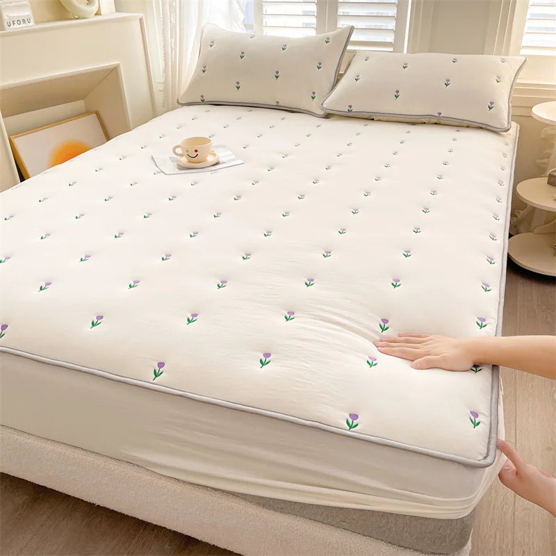 Thicken Mattress Cover 90x200 Fitted Sheets Queen Size Elastic Bedsheet Embroidered Bed Covers 매트리스커버 (Pillowcase need order).