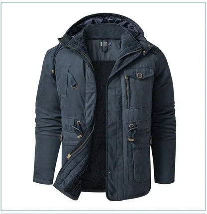 Men's Jacket WINTER USA SIZE Large SIZE Lamb Fleece JACKETS Hooded Cotton Thickened Multi Pocket Casual Mid length Coat