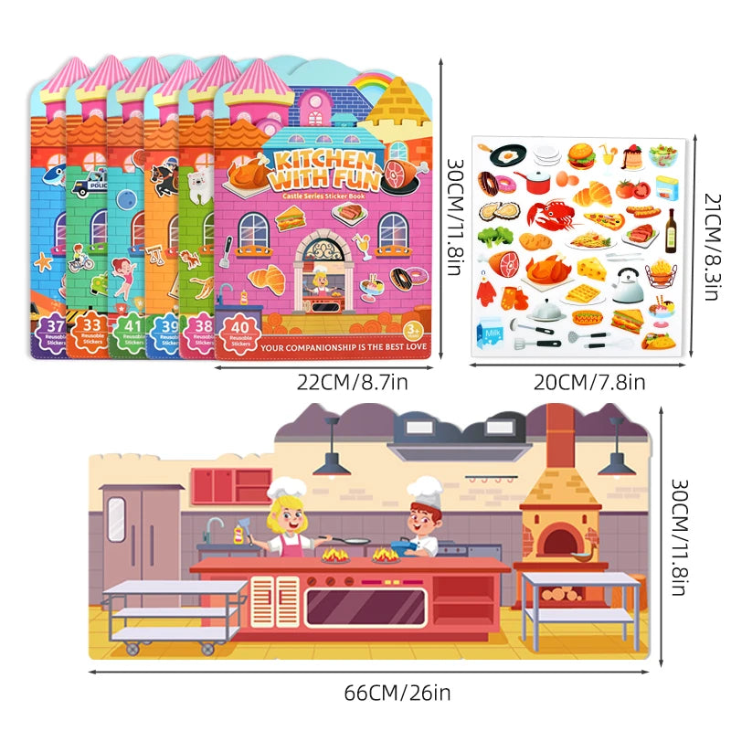 Kids' Reusable Castle Jelly Sticker Book Multi-Theme DIY Creative Jelly Stickers Portable Quiet Busy Book Montessori Sticker Toy.