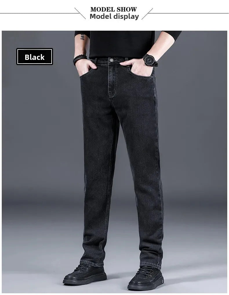 Loose Casual Jeans for Men Mid-aged Thick Winter Long Pants Business Style Straight Leg Spring Autumn Korean Version