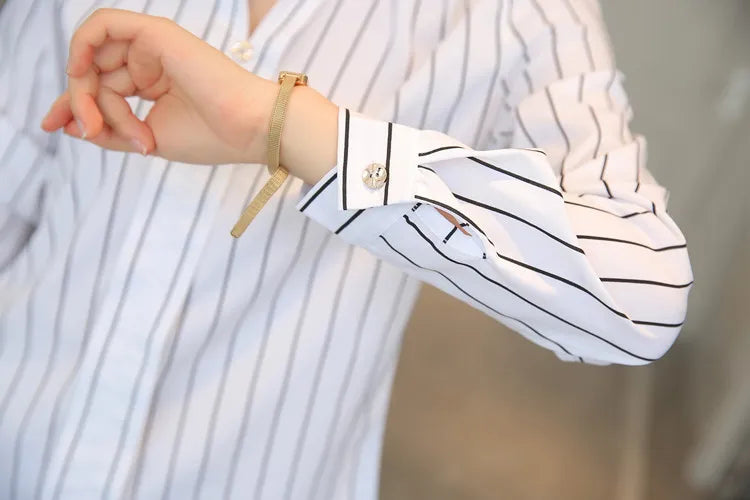 Stripe Women Blouse Fashion Standing Collar Women's Shirt Long Sleeved Shirts and Blouses Printing Ladies Tops Basic Womens Tops