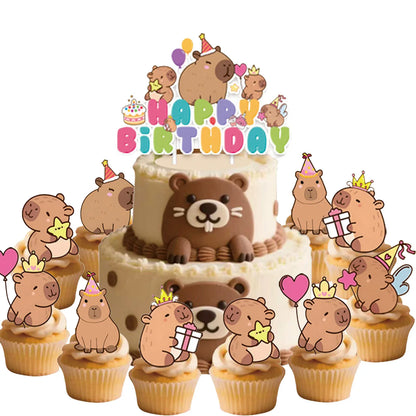 Capybara-Kuchenaufsatz, niedliche Tier-Cupcake-Dekorationen für Kinder, alles Gute zum Geburtstag, Partyzubehör, Capybara-Mottoparty-Dekorationen.