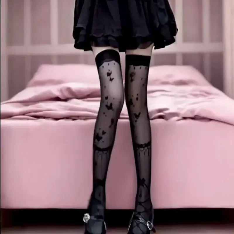 Lolita Butterfly Over-Knee Socks Women's Summer Thin Sexy Black White Long Tube Stockings Thin Material Knee High Tights.