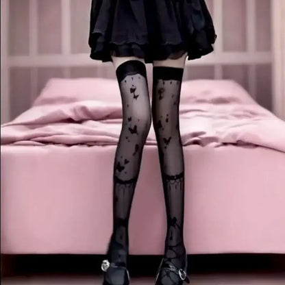 Lolita Butterfly Over-Knee Socks Women's Summer Thin Sexy Black White Long Tube Stockings Thin Material Knee High Tights.