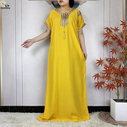 New Muslim Abayas Summer Short Sleeve African Dashiki Tassels Cotton Loose Caftan Lady Maxi Islam Casual Dresses With Headscarf