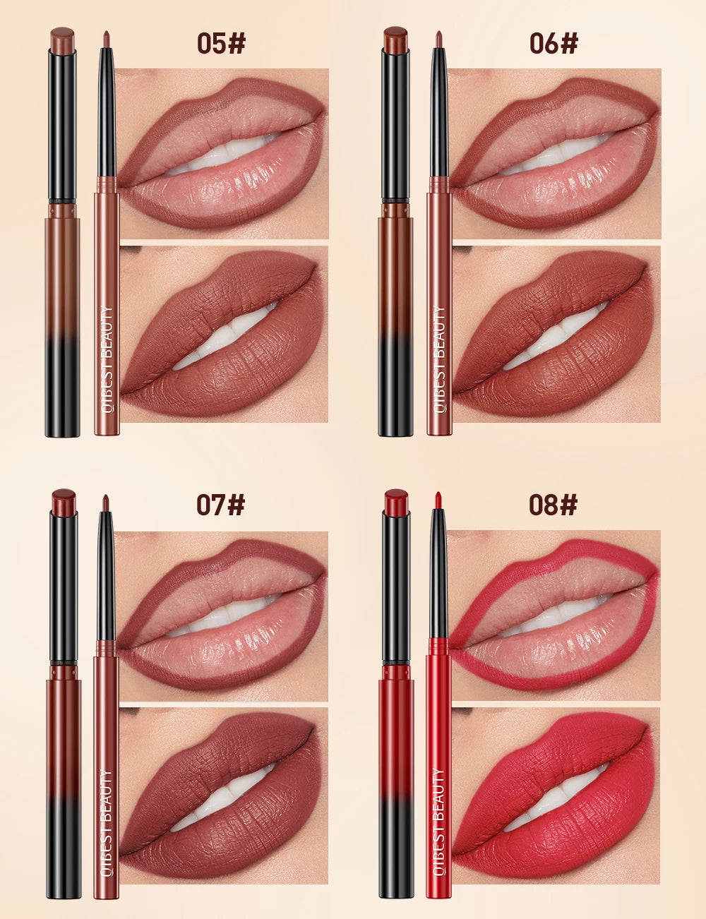 QIBEST 2pcs Lipstick Lipliner Pen Set Matte Nude Lip Liner Pencil Waterproof Long Lasting Lipstick Pen Contour Makeup For Women.