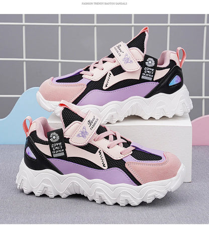 Fashion Children Shoes Girls Sneaker Black Pink PU Leather Platform Casual Sneaker School Tennis Sports Shoes for Girls