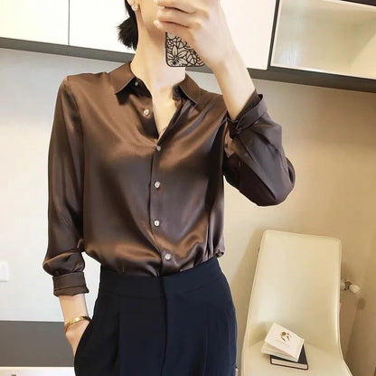 Luxury Satin Finish Shirts And Blouses For Women Clothes Casual Top OL Long Sleeve Single Breasted Elegant French Solid Blouses.