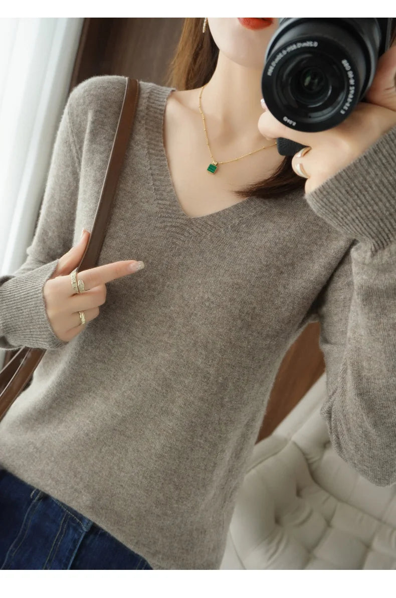 Neue Kaschmir frauen V-ausschnitt Pullover Spitze Neck Aushöhlen Design Beiläufige Gestrickte Lange Hülse frauen Pullover Herbst Und winter