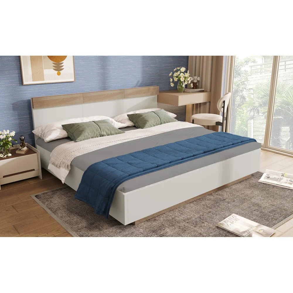 Doppelbett, Holzbett, schwebendes Bett mit Kopfteil des Bettrahmens und Lattenrost, 205 x 144 x 90,5 cm, Set in Eiche Sonoma/Weiß (ohne Matratze)