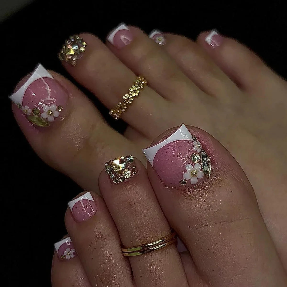 3D Flowers Butterfly Pearl Rhinestone Fake Toenails White French Summer Toe False Nails Detachable Press on Toenails with Glue.