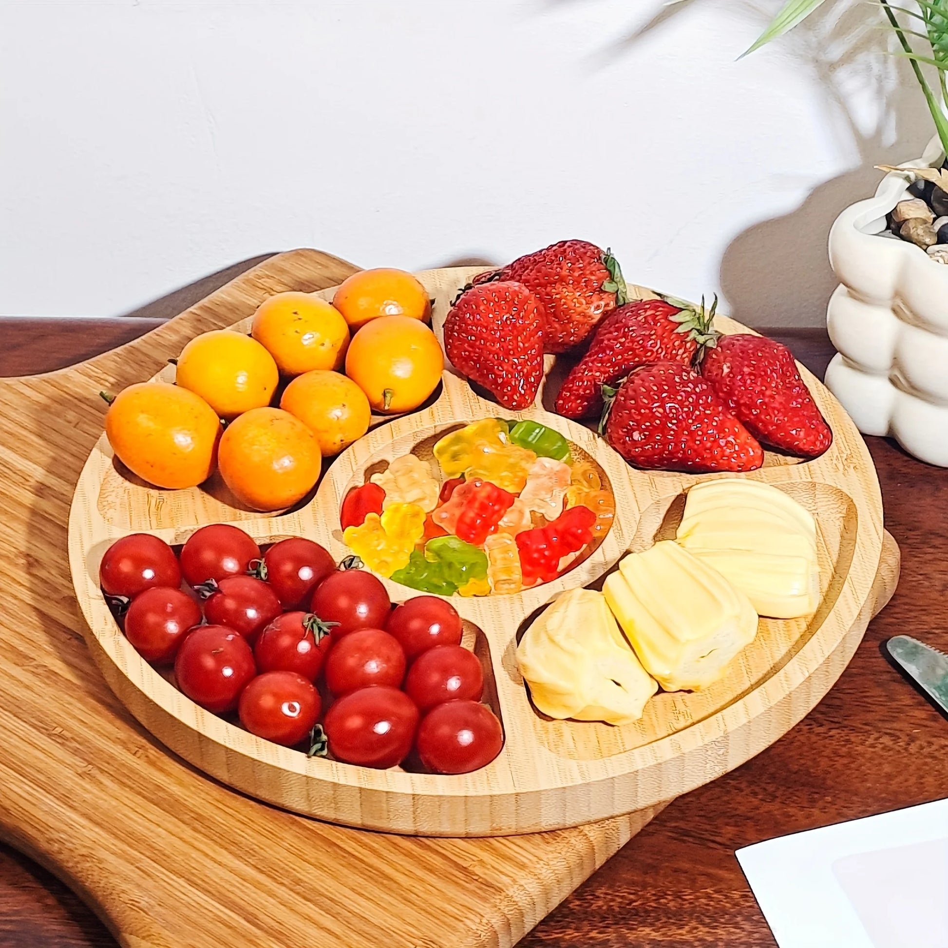 Wooden Divided Serving Trays Appetizer Tray 5 Dining Grids Snacks Bowls Round Serving Tray Serving Dishes Perfect for Parties.