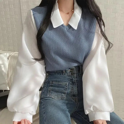Summer Blouse Women Korean Style False Two-piece Polo Collar Blouses Y2k Tops Streetwear Loose Youth Pullovers Elegant Shirt.