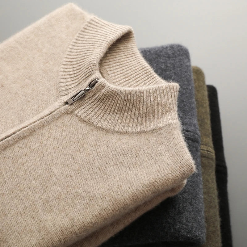 100% Merino Wool Men's Warm Sweater Mock Collar Thickened Zippered Cardigan Autumn Winter New Cashmere Knitted Long Sleeve Tops.