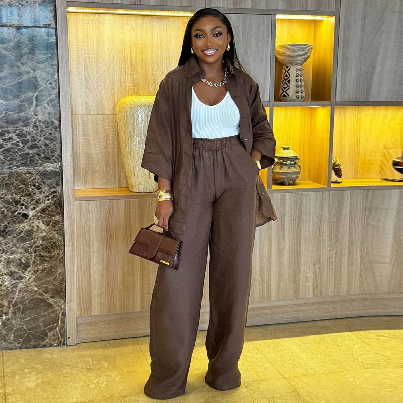 Cotton Linen Set Women Spring Summer Loose Oversize Long Sleeve Shirt Long Pants 2 Piece Sets Casual Office Ladies Trousers Suit.