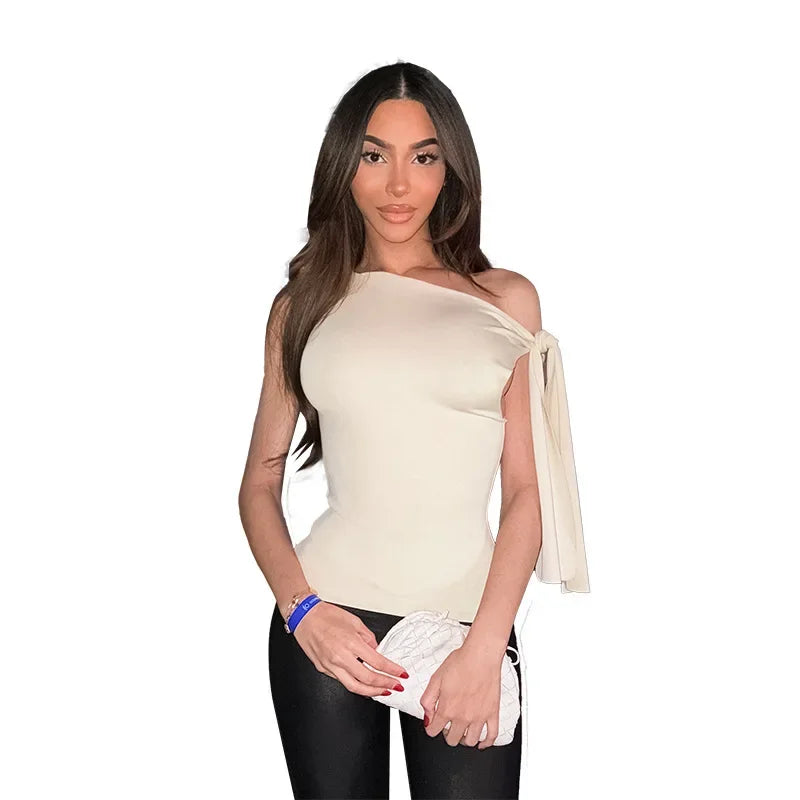 Sexy Asymmetrical Shoulder T-Shirt Women's Versatile Strapless Top Summer New Arrival Polyester Fiber One-Shoulder Sleeveless.