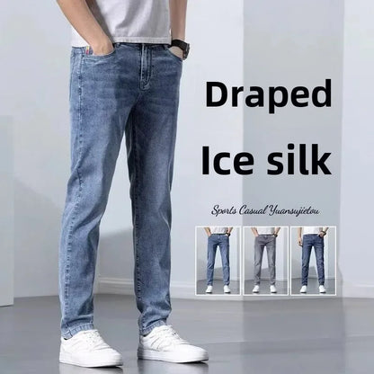 Hong Kong Summer Thin Men's Blue Jeans Slims Smooths Your Silhouette Feet Stretchy Korean Style Light Color Versatile Pants.