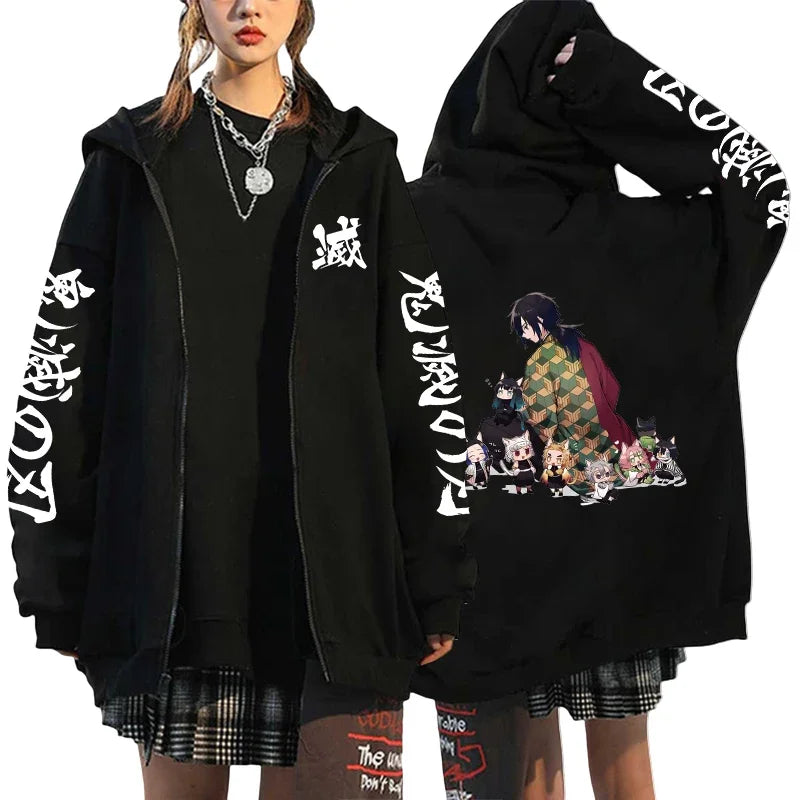 Japan Anime Print Black Hoodie Woman Hooded Long Sleeve Zipper Jacket Tanjirou Zenitsu Inosuke Pattern Sweatshirt Autumn Coat.