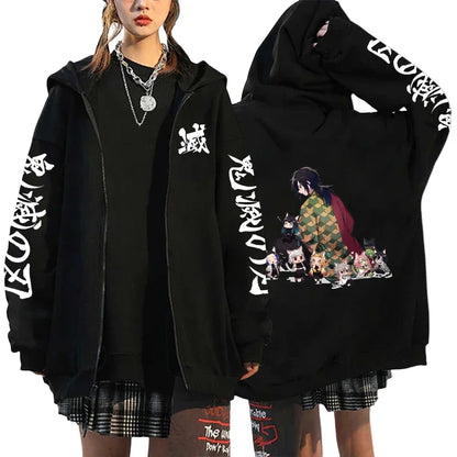 Japan Anime Print Black Hoodie Woman Hooded Long Sleeve Zipper Jacket Tanjirou Zenitsu Inosuke Pattern Sweatshirt Autumn Coat.