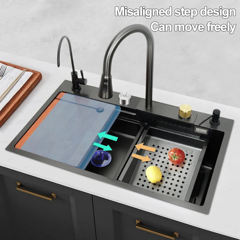 under the household sink    Black Stainless Steel Nano Undermount/Drop in Waterfall Single Bowl Kitchen Sink With Pull-Out Fauce