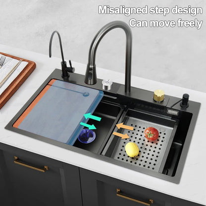 under the household sink    Black Stainless Steel Nano Undermount/Drop in Waterfall Single Bowl Kitchen Sink With Pull-Out Fauce