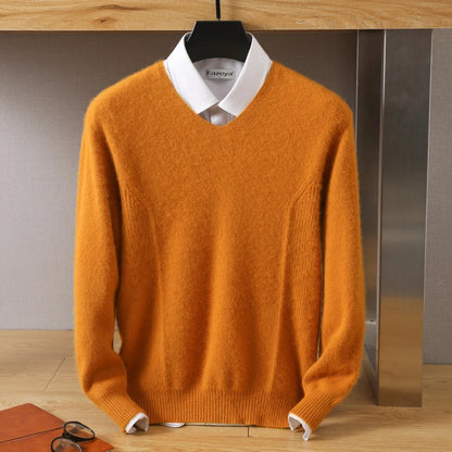 Men's 100% Pure Mink Cashmere Sweater V-Neck Pullovers Knit Large Size Mink Sweater Winter New Tops Long Sleeve High-End Jumpers