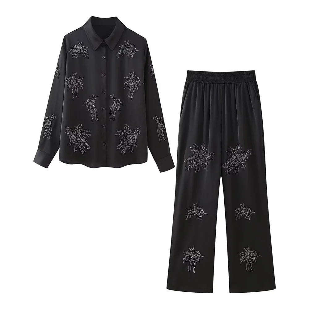 Summer New Product Women's Style Flip Collar with Beaded Embroidered Shirt, High Waist Straight Leg Pants Set