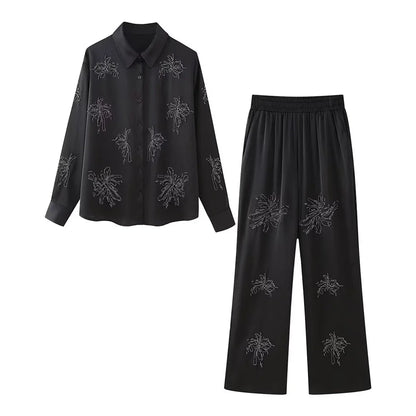 Summer New Product Women's Style Flip Collar with Beaded Embroidered Shirt, High Waist Straight Leg Pants Set