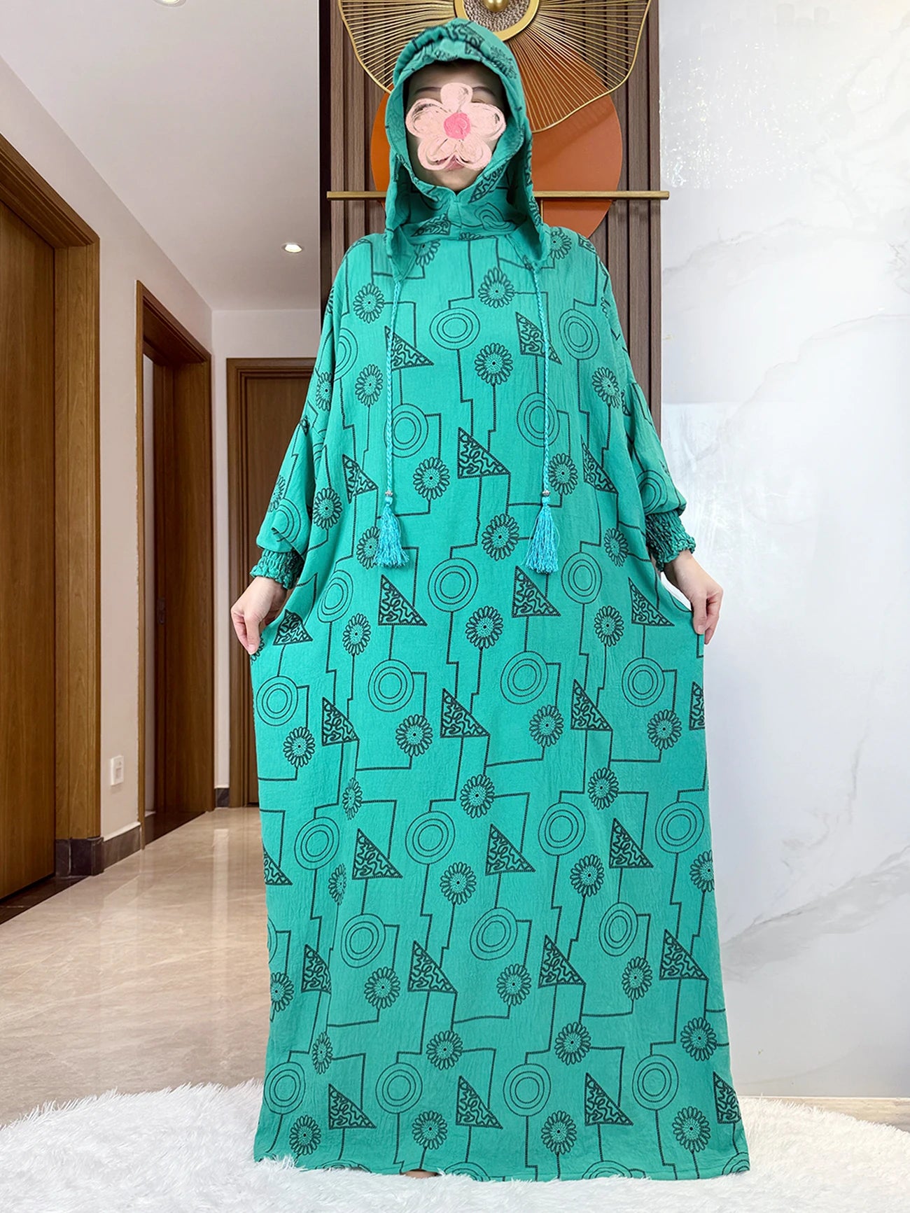 Promotion New Double Hat Women Abaya With Hooded Irregular Pattern Long Abaya Tassel Muslim Saudi Prayer Kaftan Oriental Robes