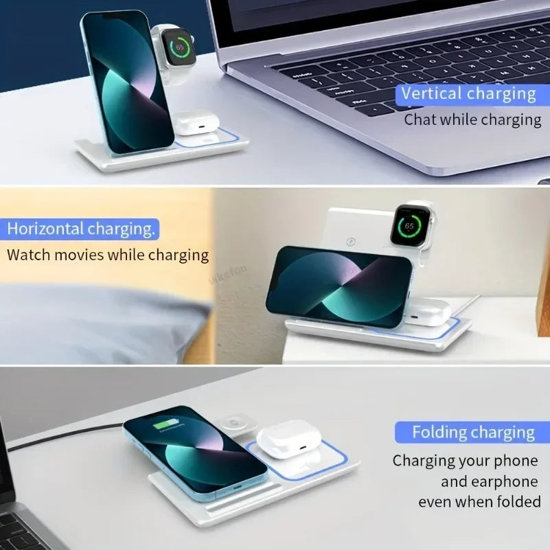 30W 3 in 1 Wireless Charger Stand LED Induction Fast Charging Station For iPhone 16 15 14 13 12 Apple Watch 10 9 8 7 6 5 Airpods.