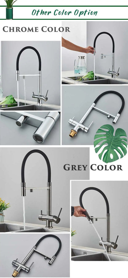 Rozin Filter Water Kitchen Faucet Black Pull Down Flexible Sprayer Faucets 2 in 1 Purification Pure Water Mixer Tap 360 Swivel